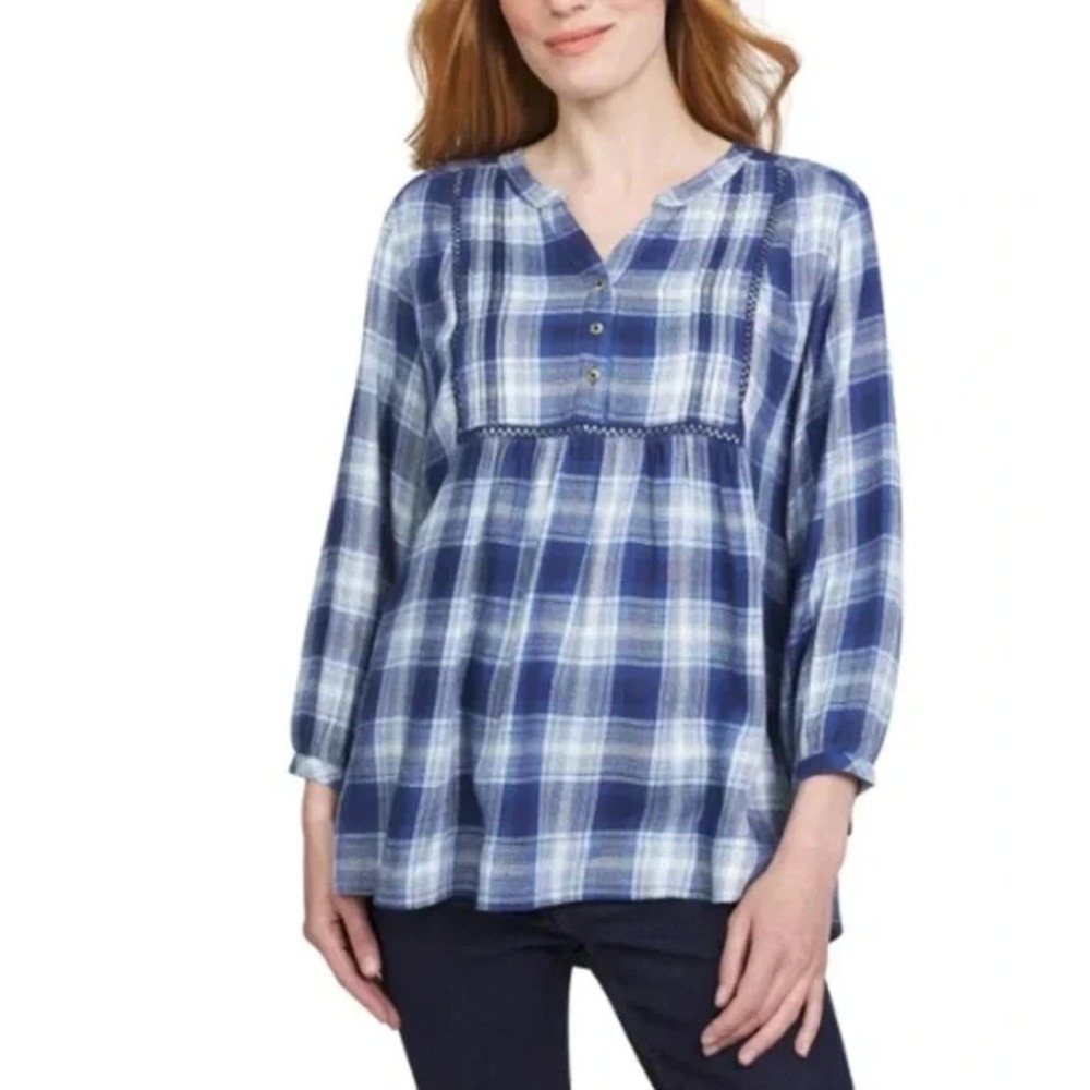 Wrangler Womens Blue Plaid Babydoll Blouse Button V-Neck Crochet Trim Top Small